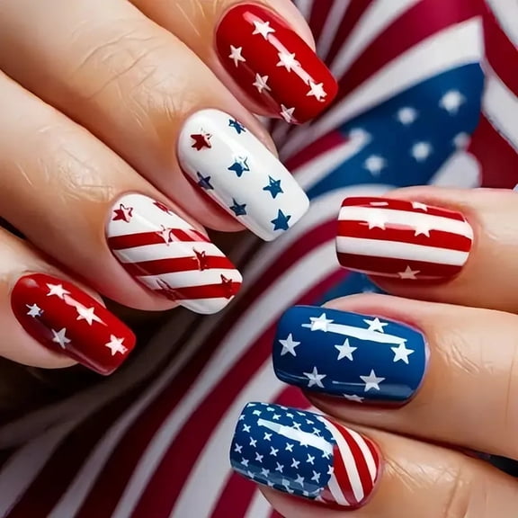 4th of July Press on Nails Short Square Fake Nails Independence Day False Nails Press ons with American Flag Designs Acrylic Nails Full Cover Glue on Nail Stick on Nails for Women Manicure 24Pcs