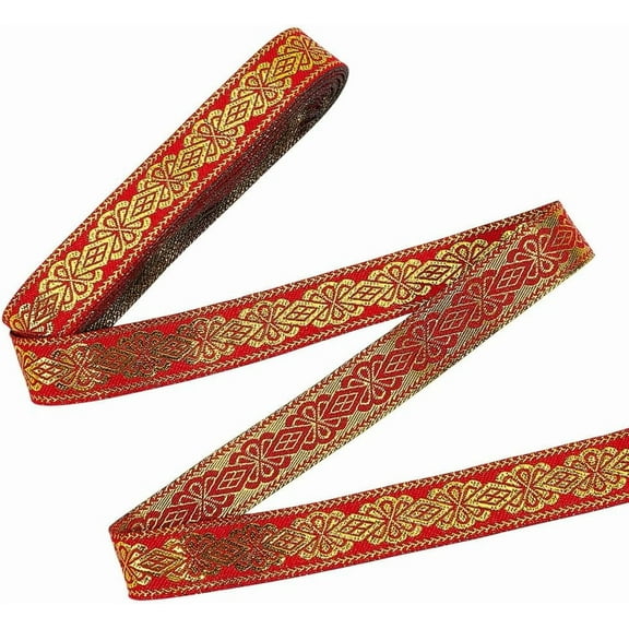 7.7 Yards Red Ethnic Jacquard Ribbon Metallic Gold Boho Embroidered Woven Fabric 3/4 inch Vintage Floral Sewing Trim Fringe Decor Trim for DIY Clothing Curtain Embellishment Decor