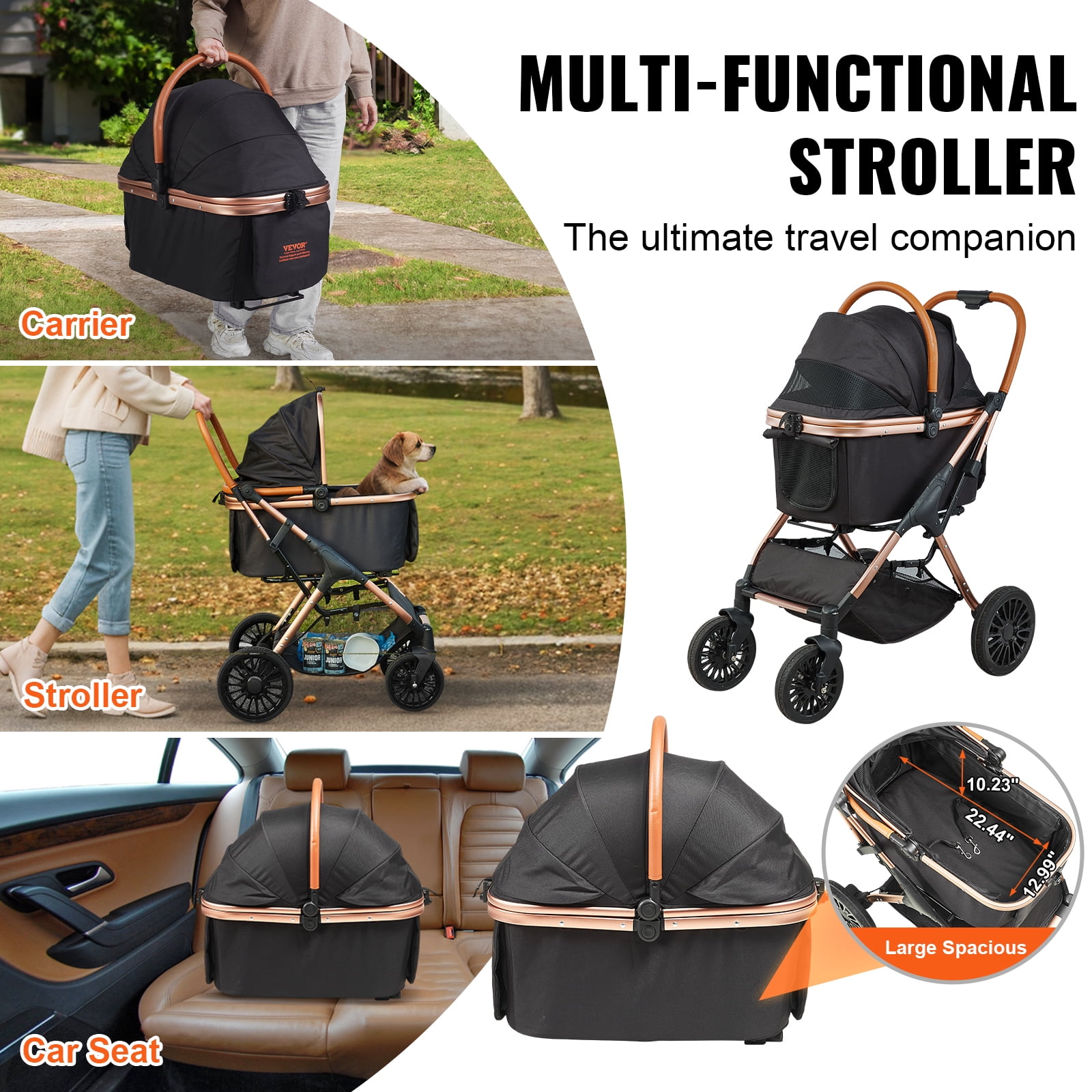 KFFKFF 3-in-1 Pet Stroller, 4 Wheels Foldable Premium Multifunction Dog Stroller with Storage Basket, 66 lbs Weight Capacity, Black