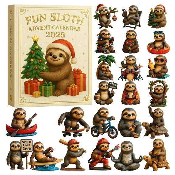 Fun Sloth Advent Calendar 2025, 24 Days Cute 2D Acrylic Sloth Ornaments for Christmas Countdown, Festive Tree Hanging Decoration Set, Holiday Gift for Sloths Lovers & Home Décor
