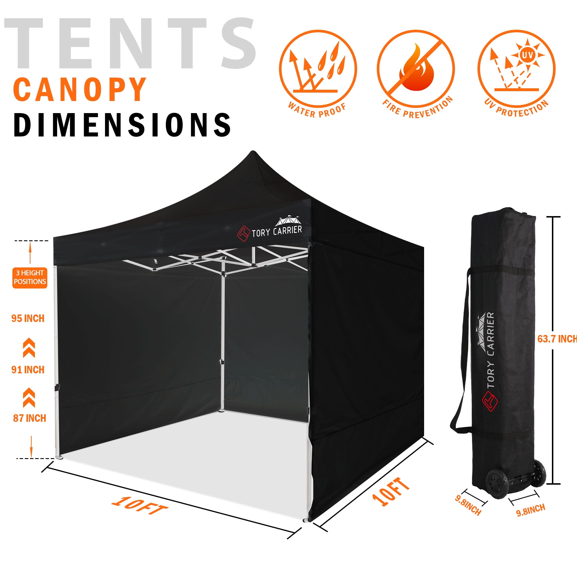 Tory Carrier Black Canopy Pop up Canopy Tent with Sidewalls 10x10FT Commercial Series