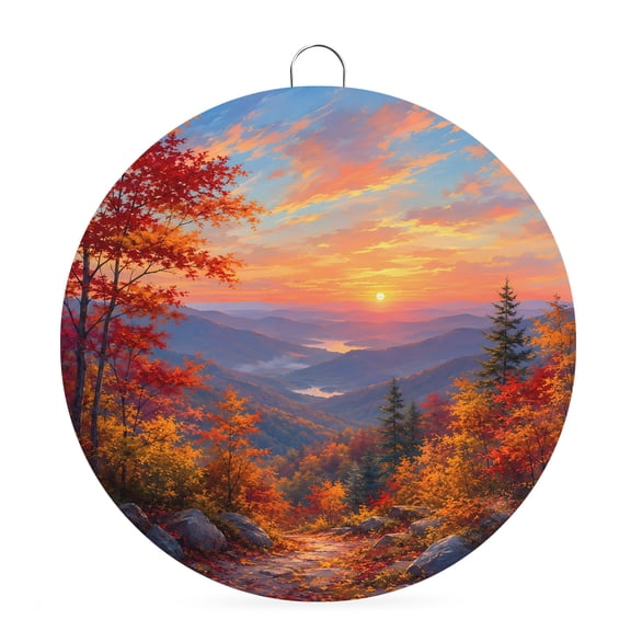Welcome Sign for Front Door, Fall Orange Mountains Round Metal Wall Art Wreaths, Thanksgiving Watercolor Maple Leaves Outdoor Indoor Wall Hanging Sign for Porch Decor Housewarming Gifts 5.9 Inch