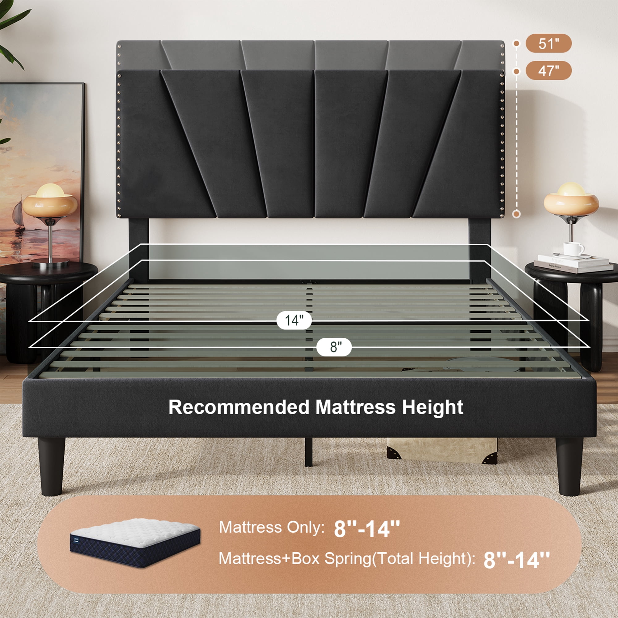 Amolife Queen Size Platform Bed Frame with Adjustable Velvet Upholstered Headboard, Black
