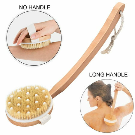PRETTY SEE Bath Body Brush 100% Natural Bristles with Massage Nodes, Removable Long Handle, Gentle