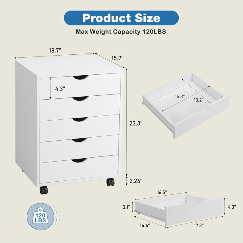 TINKLE WELL 5 Drawer Wooden Rolling File Cabinet, Mobile Compact Storage Dresser for Home Office Organization, White