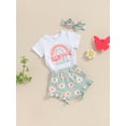 thumbnail image 5 of vera natura Baby Girl Summer Outfits Letter Rainbow Floral Print Short Sleeve Rompers Shorts Headband 3Pcs Clothes Set, 5 of 9