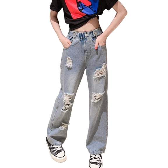 EnJoCho Kids Girls Jeans Elastic Waist Cool Ripped Washed Denim Wide Leg Age 5-15 Years Distressed High Waist Trendy 𝖸2𝖪 Vintag𝖾 Skinny Mom Jeans Flare Bootcut Streetwear