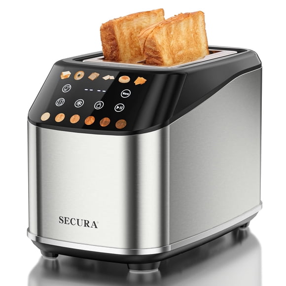 Secura Grille-pain 2 Tranches, Grille-Pain Numérique Entièrement Automatique en Acier Inoxydable avec Minuterie à Compte à Rebours et Fonction Maintien au Chaud, 6 Niveaux de Brunissage, Bagel/décongélation/r