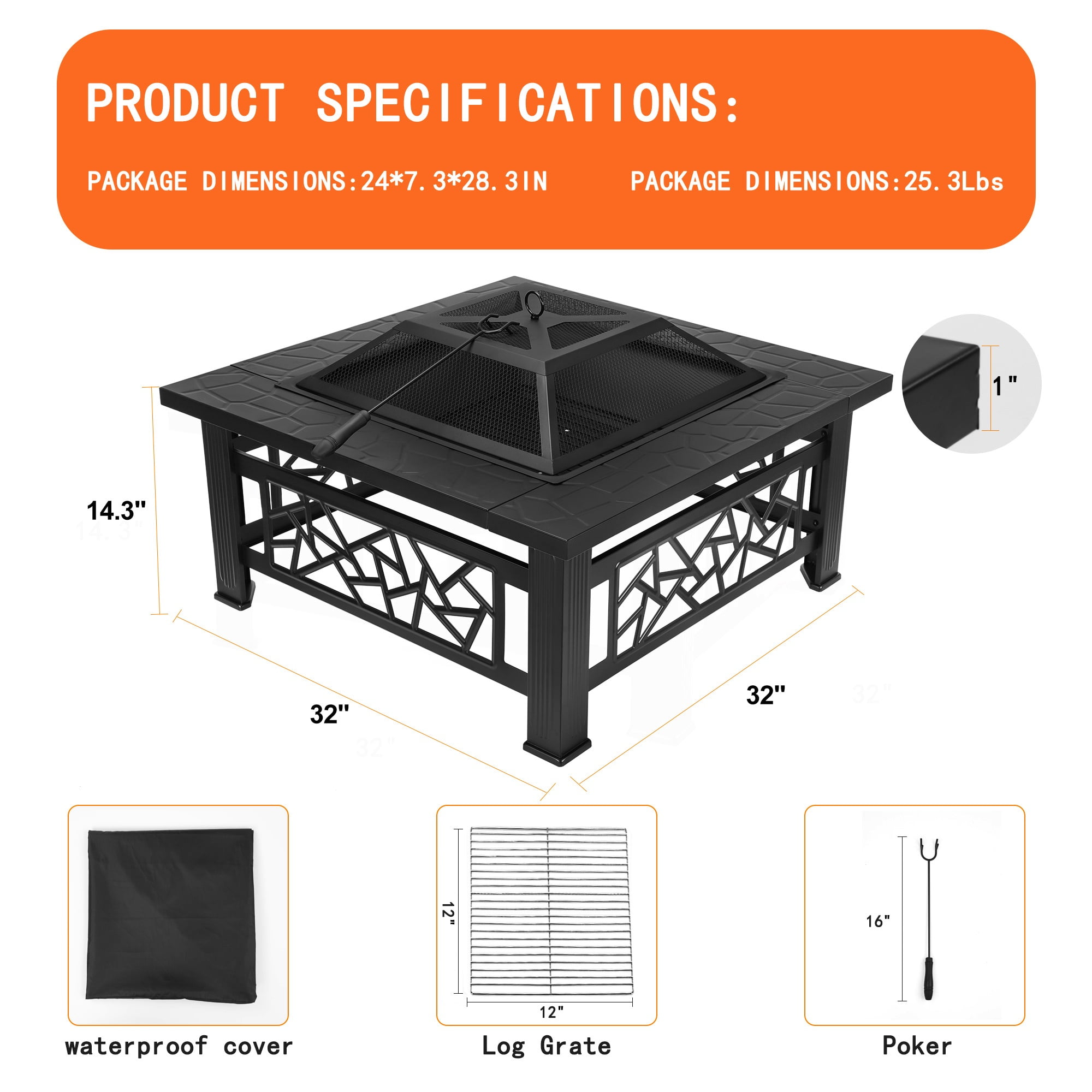 32" Fire Pit Table, UHOMEPRO 3-in-1 Outdoor Fire Pit with BBQ Grill, Mesh Lid & Cover, Modern Metal Square Wood Burning Fire Pit for Outside, Backyard, Patio & Camping