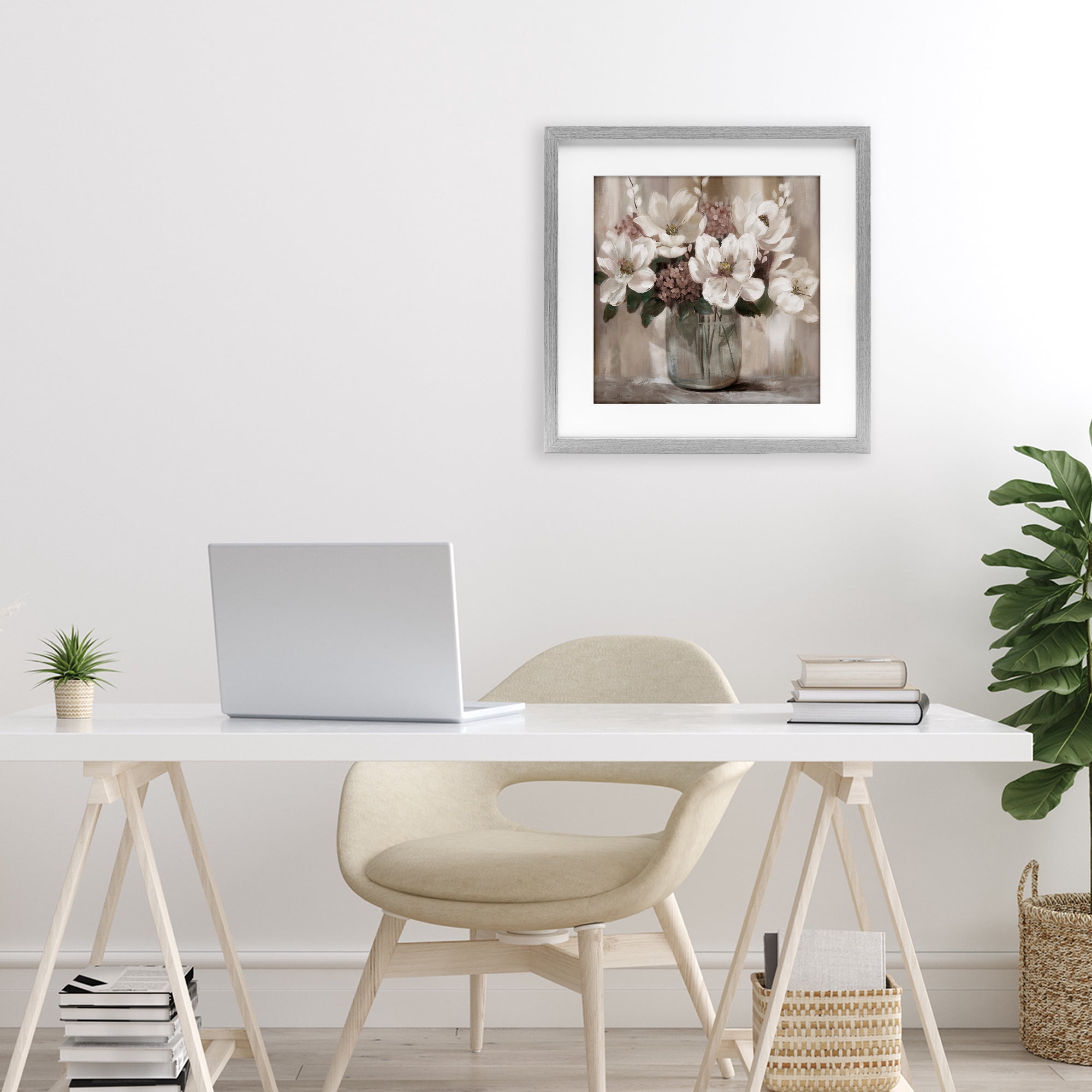 Stupell Industries Ivory Magnolias Vase Gray Framed Print Under Glass, design by Nan