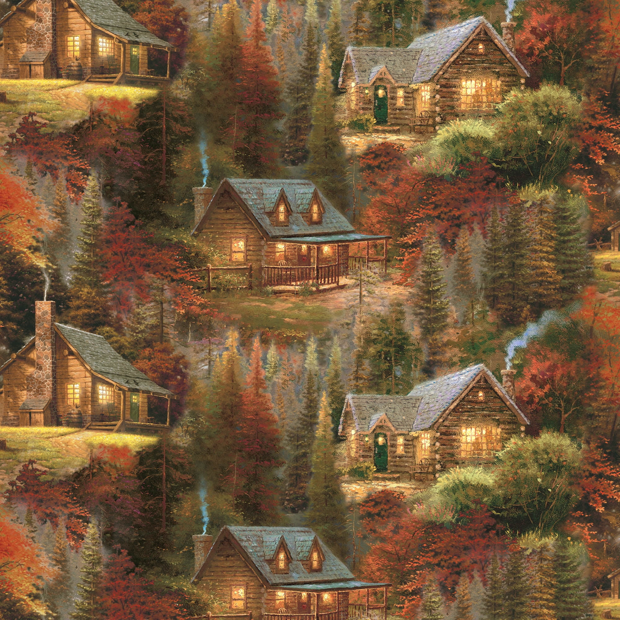 David Textiles Thomas Kinkade Autumn Cabins Cotton 1Yard
