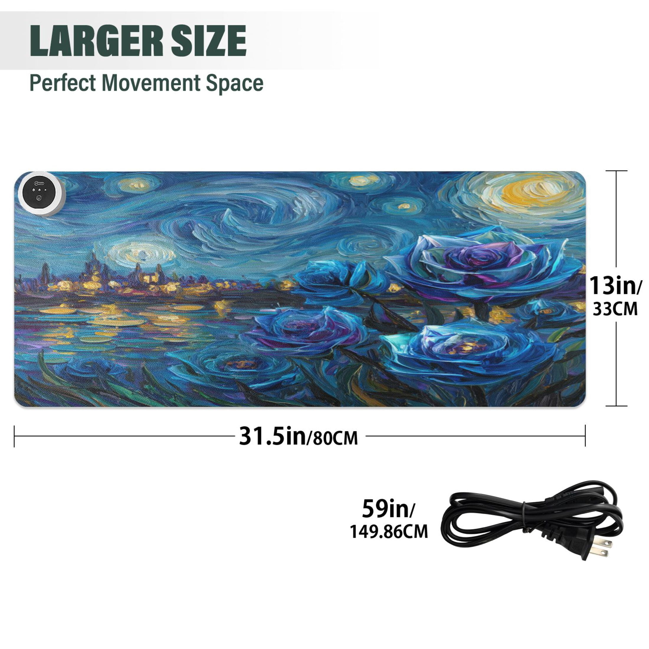 Large Heated Desk Mat Mouse Pad 31.5"x13"PU Leather Graphene Heating Desk Warmer with 3 Temperature Settings 110V US Plug Non-Slip Warm Pad for Home, Office, and Gaming Starry Night Blue Roses