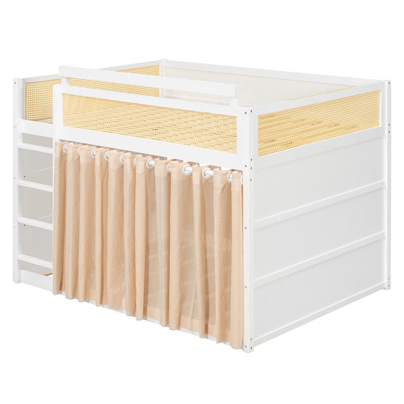 Full Size Bunk Bed with 3-Tier Storage Shelf, Rattan-Style Decor, Privacy Curtains and LED Light Strip, Modern Wood Full Over Full Bunk Bed Frame for Kids Teens