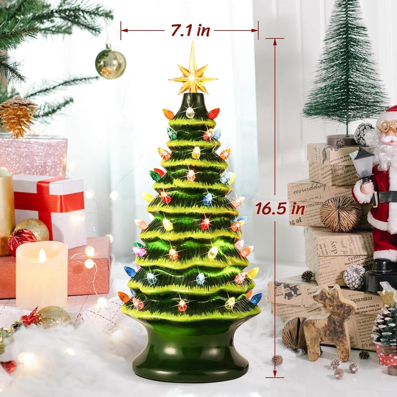 Nordic Hygge 2024 Newest 16.5" Hand Painted Resin Christmas Tree with Lights, Pre-lit Xmas Tree Decor Lighted Tabletop Decoration with Multicolored LED Bulbs, Green