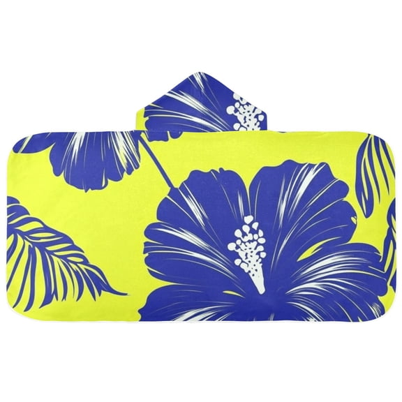Navy Blue Hibiscus Flowers on Yellow Hooded Beach Towel Kids Bath Towels Quick Dry for Pool Swiming 50" x 23.5" Microfiber Soft Bathrobe