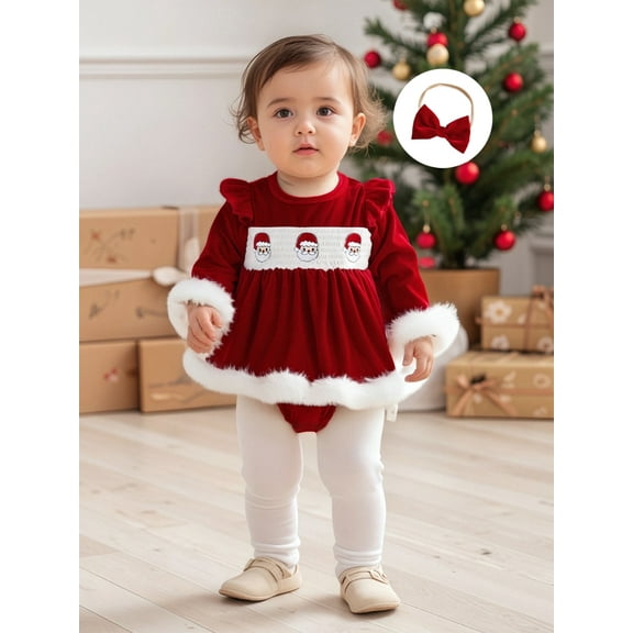 Jaweiwi Baby Toddler Girls 2Pcs Christmas Romper Dress 3 6 12 18 Months Long Sleeve Velvet Dresses with Headband Set Newborn Clothes