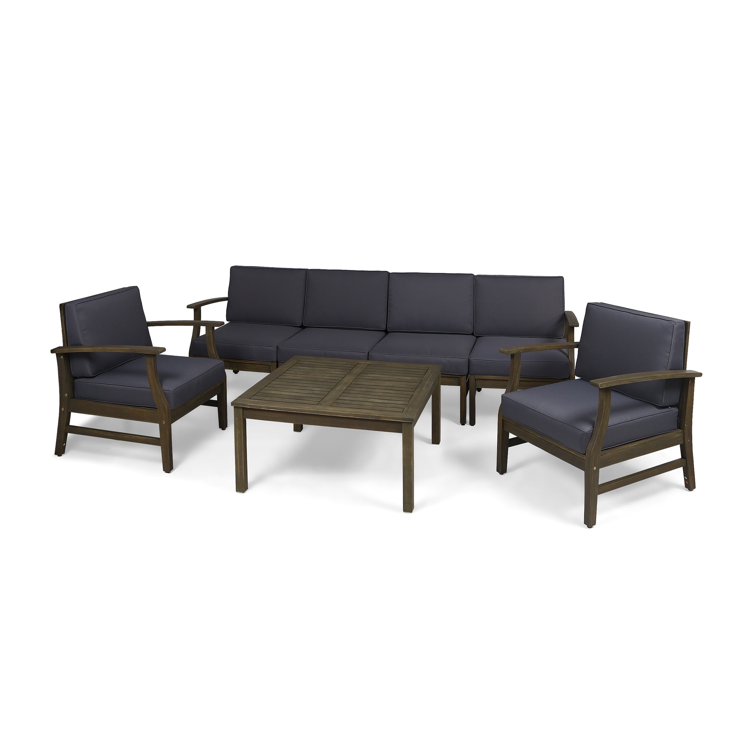 Danielle Outdoor 7 Piece Acacia Wood 6-Seater Sofa and Club Chairs Set, Gray and Dark Gray