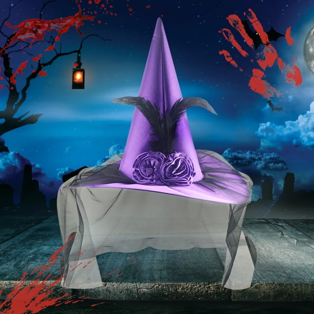 Fiudx Ofertas relámpago del día Sombrero de bruja de Halloween, sombrero de mago, accesorios para el cabello, rosa de terciopelo con sombrero de malla, accesorios para juegos de rol