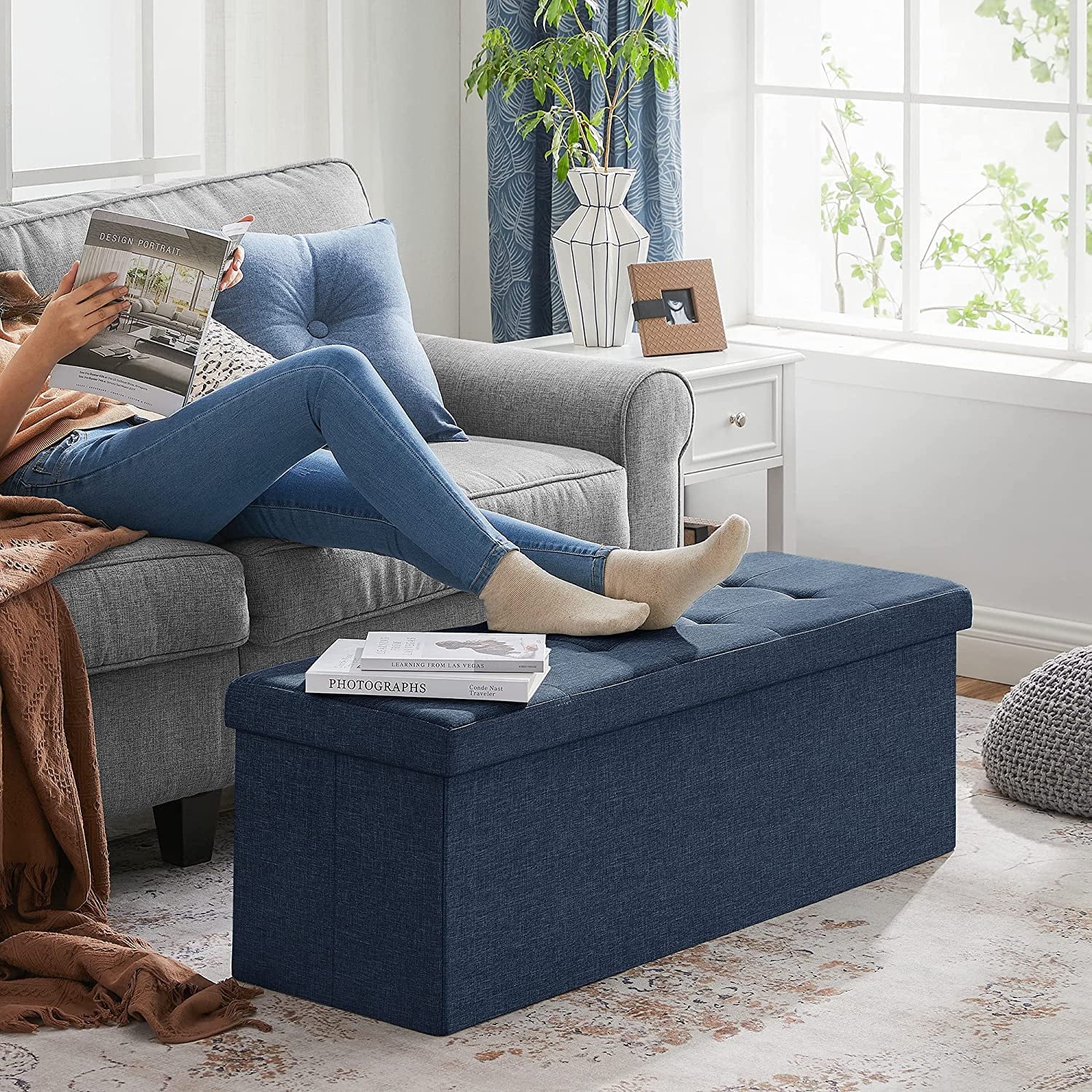 SONGMICS 43" Storage Ottoman Bench Folding Ottoman with Storage Hold up to 660lb Footstool for Living Room Navy Blue