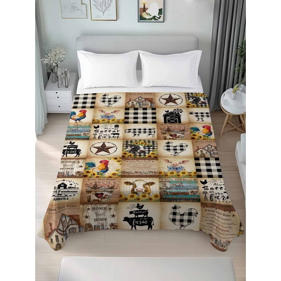Animals Farmhouse Twim Size Flat Sheet, Wrinkleproof & Fadeproof Cooling Flat Bed Sheet Only, Vintage Farm Country Star Brown Plaid Breathable Soft Bedding Top Sheets 66 x 96 Inches