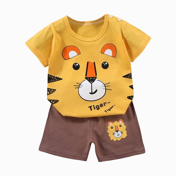 CAICJ98 Infant Toddler Baby Boy Summer Clothes 3 6 12 18 Months 2T 3T 4T 5T Girls Outfits Short Sleeve Letter T Shirt Top Shorts Set Girls' Pajama Sets (Yellow,18-24 Months)