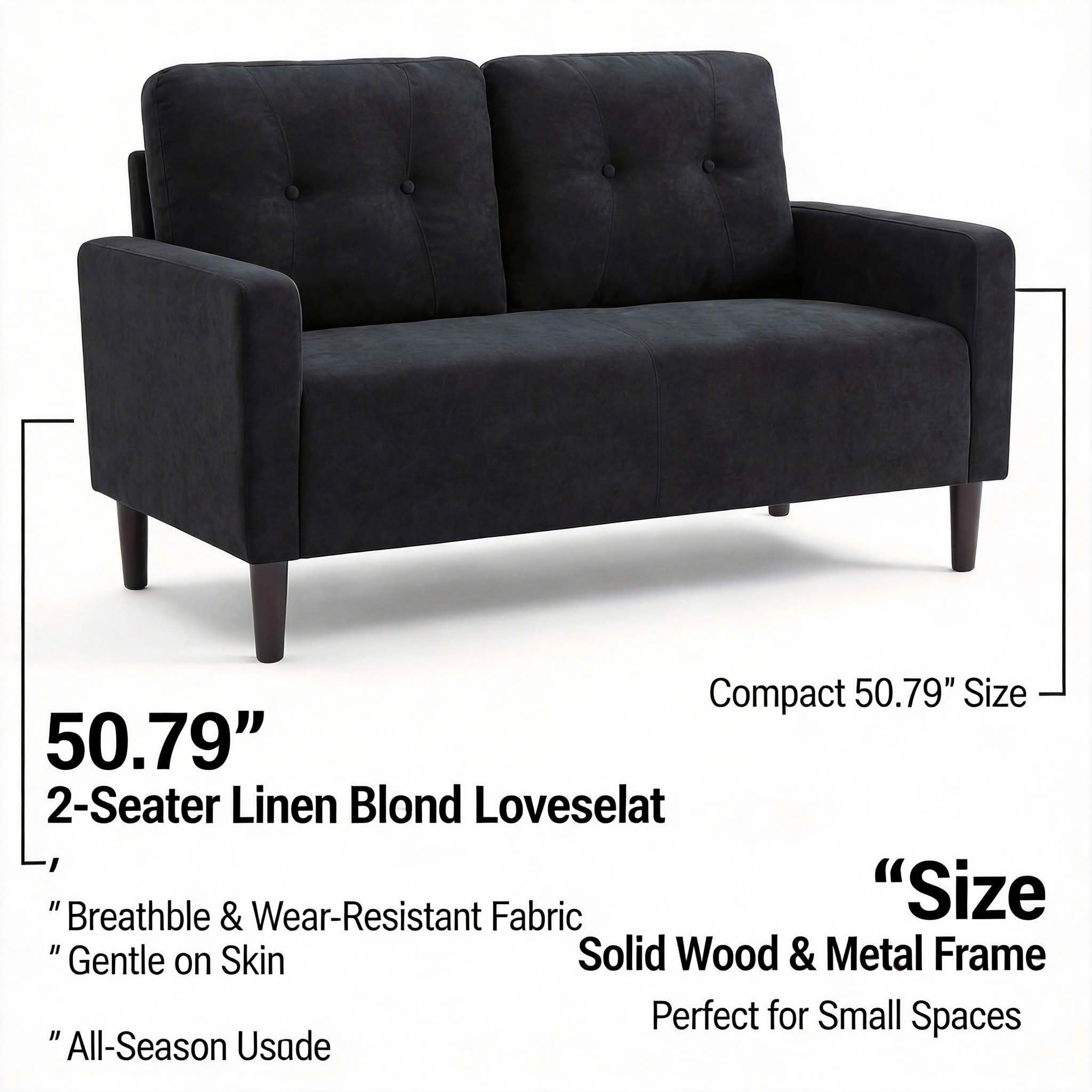MAYEERTY 50.79" Modern Loveseat Sofa, 2-Seater Linen Blend Couch with Removable Back Cushions, Solid Wood & Metal Frame for Small Spaces