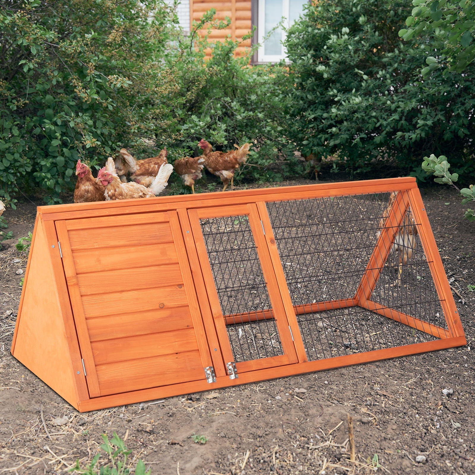 ZephyPaws Rabbit Hutch,Wooden Chicken Coop Outdoor,A-Frame Quail Cage with 2 Door & Run Cage,Triangle Quail Hutch with Ventilating Wire,Poultry Hutch for Small Animal