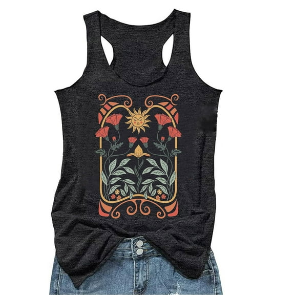 Plus Size Summer Clothes for Women Vintage Graphic Racerback Tank Tops Floral Graphic Sleeveless Summer Basic Casual Loose Muscle Vest Boyfriend Tee Shirts for Women Running Base Black S
