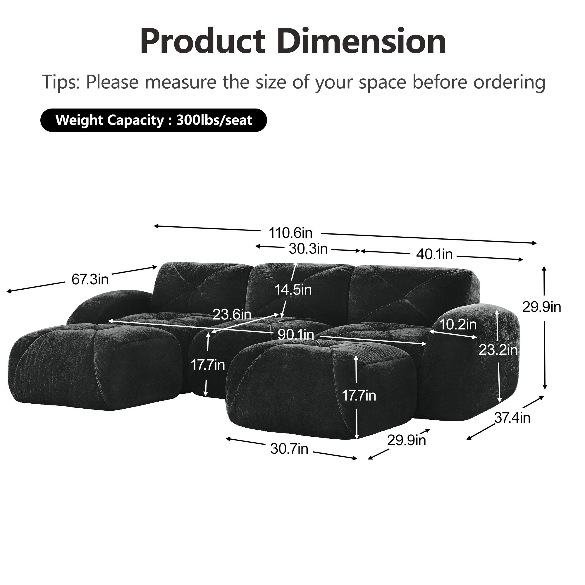 AISWORD 110" 3-Seat U-Shaped Modular Daybed with 2 Ottomans, Ultra-Soft Boneless Sectional with 32D High-Density Foam & Anti-Slip Bottom, No Assembly Required