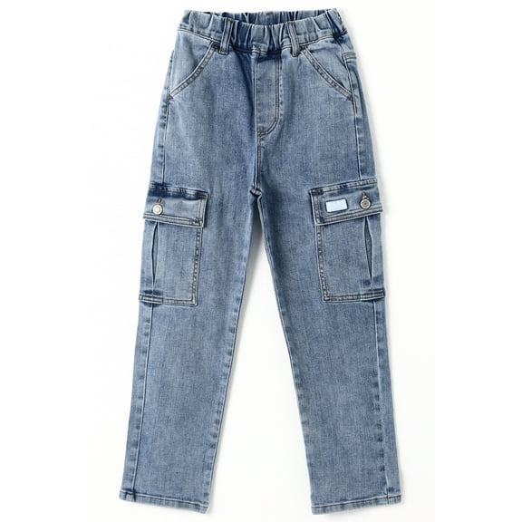 KIDSCOOL SPACE Boys Jeans,Little Big Girls Elastic Waist with D-ring Cargo Stretch Denim Pants,Light Blue,6-7 Years