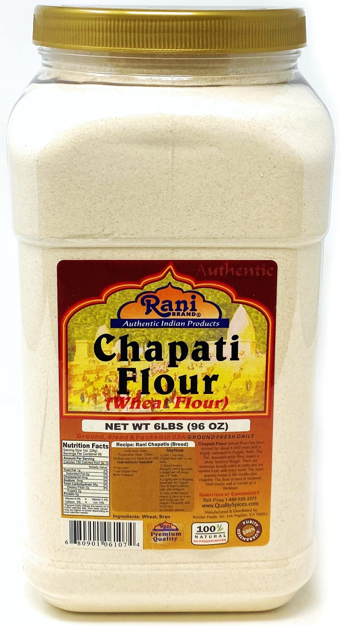 Rani Chapati Flour (100% Pure Whole Wheat Atta), For Making Roti & Indian Breads 96oz (6lbs) 2.72kg PET Jar ~ All Natural | Vegan | No Salt or Colors | NON-GMO | Indian Origin