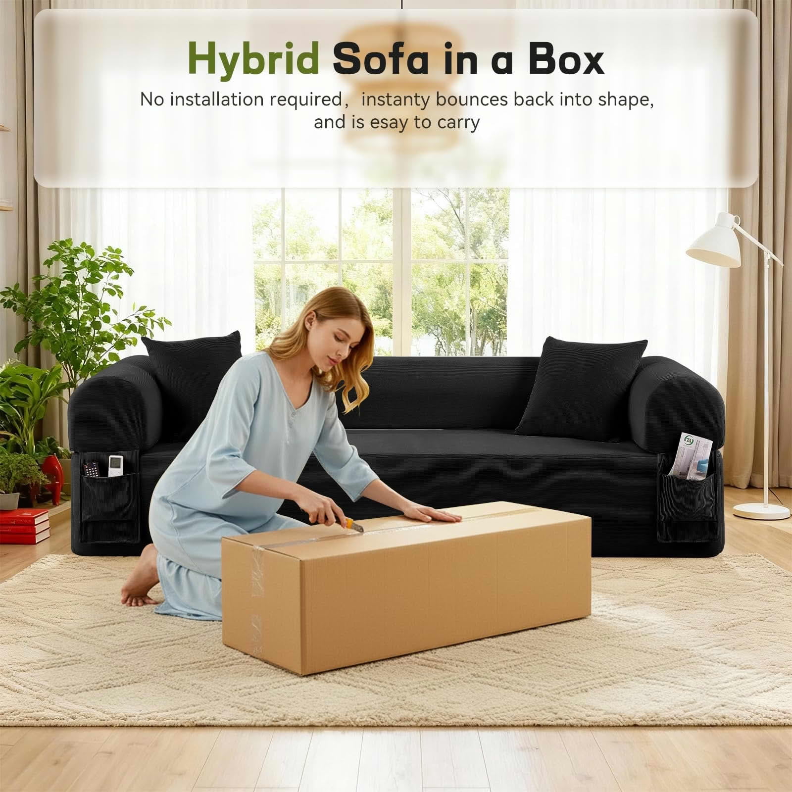 MAYEERTY 83" Gray Corduroy 3-Seater Sofa, 600lbs Pocket Spring No Assembly Couch for Living Room