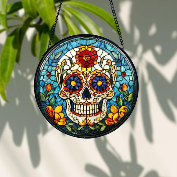 Dia De Los Muertos Sugar Skull Stained Glass Suncatcher – Pastel Gothic Window Hanging – Outdoor Garden Decor – Unique Gift