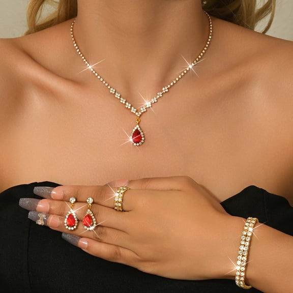 AEXTO Red Teardrop Crystal Set Dangle Earrings & Bracelet – Perfect for Wedding, Party – Victorian Style Silver Jewelry for Women