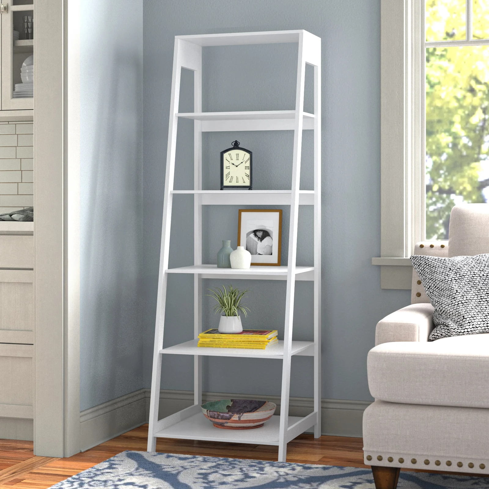 Lavish Home 5-Tier Ladder Bookshelf - Freestanding Wooden Bookcase Frame with Leaning Look - Shelves for Home and Office Storage, White