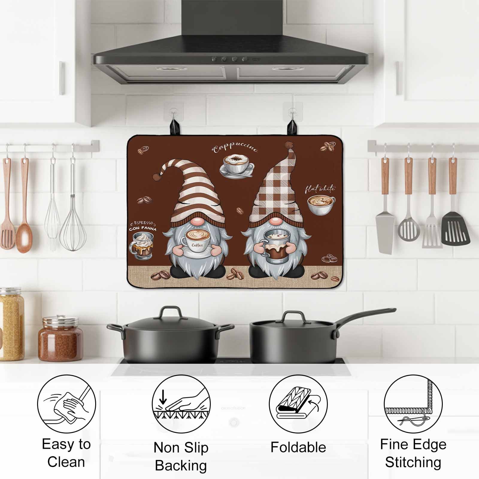 Coffee Gnomes Stove Top Cover for Electric Stove, Heat-proof & Non Slip Glass Top Stove Cover Protector, Coffee Beans Cups Brown Kitchen Flat Cooktop Rubber Mat 24x21 Inches