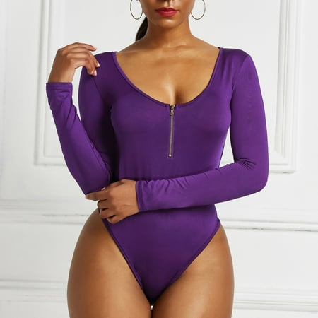 

Ganfancp Bodysuit for Women One-Piece Fashion Sexy Basics Versatile Solidleisure Long Sleeve Sexy Basics Versatile Solid Color Fashion Round-neck Tight Jumpsuit Shapewear Bodysuit Purple S