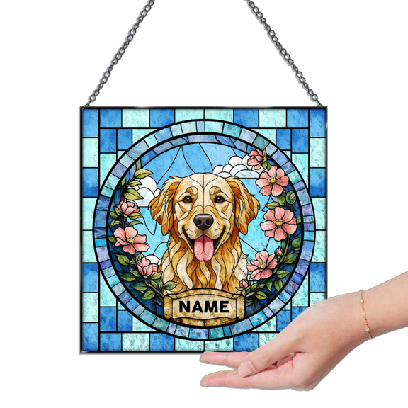 Lotusprinthandmade Personalized Dog Lovers Stained Glass Suncatcher for Window Hanging Square7.8in