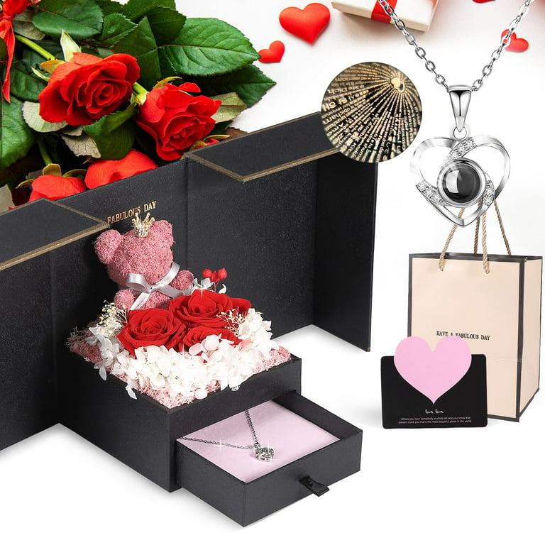 Valentines Day Gifts for Her Cute Preserved Real Red Rose Bear