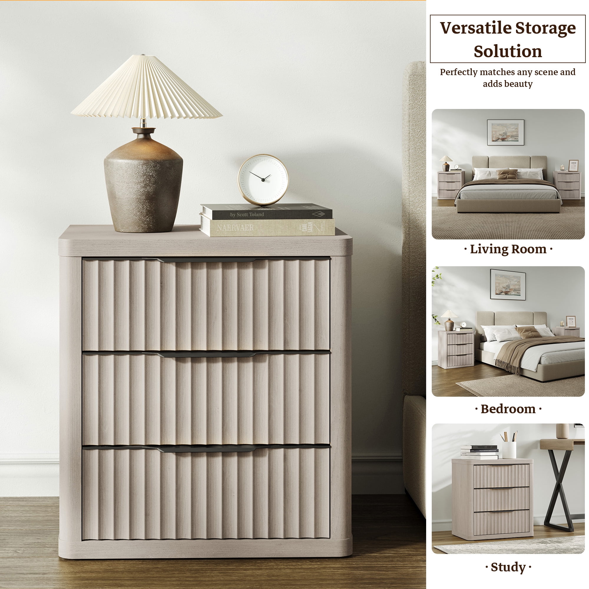 SICOTAS 23”W Farmhouse Nightstands with 3 Fluted Drawers & Black Handles, Wood Bedside Table for Bedroom, End Table for Living Room in Light Grey Alder