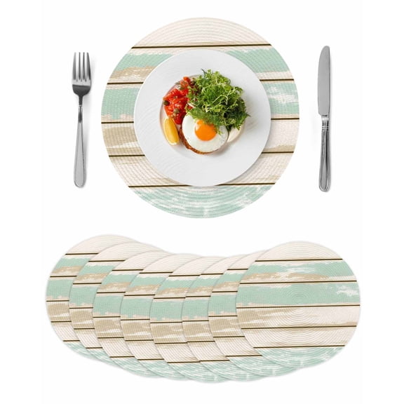 Farmhouse Vintage Round Table Placemats set of 8, Rustic Wood Texture Washable Woven Place Mats for Dining Tables Kitchen Party Decor,Heat Proof, 15in, Beige Green