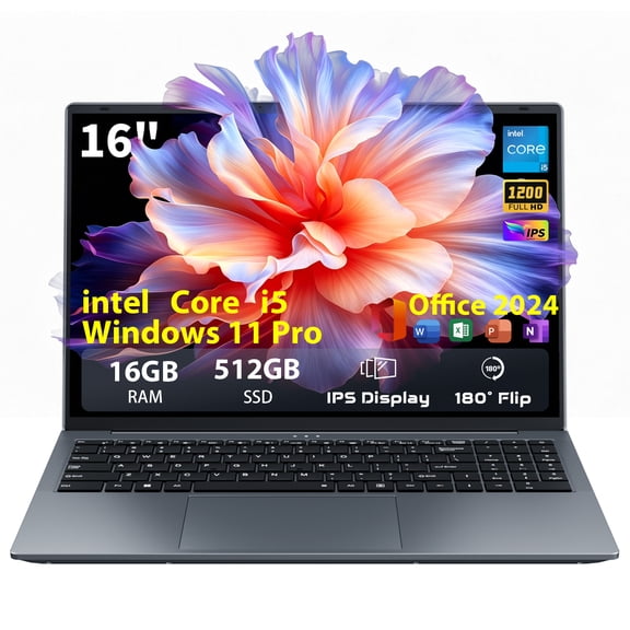 2026 Newest Laptop ,16" FHD 16:10 IPS Display Notebook PC,Intel Core i5 ,16GB RAM 512GB SSD, Windows 11 Pro MS Office,WiFi BT5.0 RJ45 HDMI Backlit Keyboard Webcam, for Student and Business, Silver