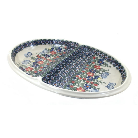Blue Rose Polish Pottery Garden Butterfly Large Divided Dish