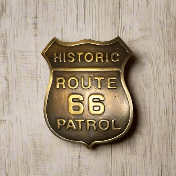 Route 66 Solid Brass Badge With Raised Lettering & Soldered Pin (2.5" x 2")