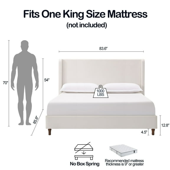 King Size Adjustable Bed Base, Harper Tall Headboard Upholstered Bed / 54" High Headboard / Elegant Simplicity / No Box Spring Needed / Easy Assembly / King / Cream White Chenille, Bed Frames