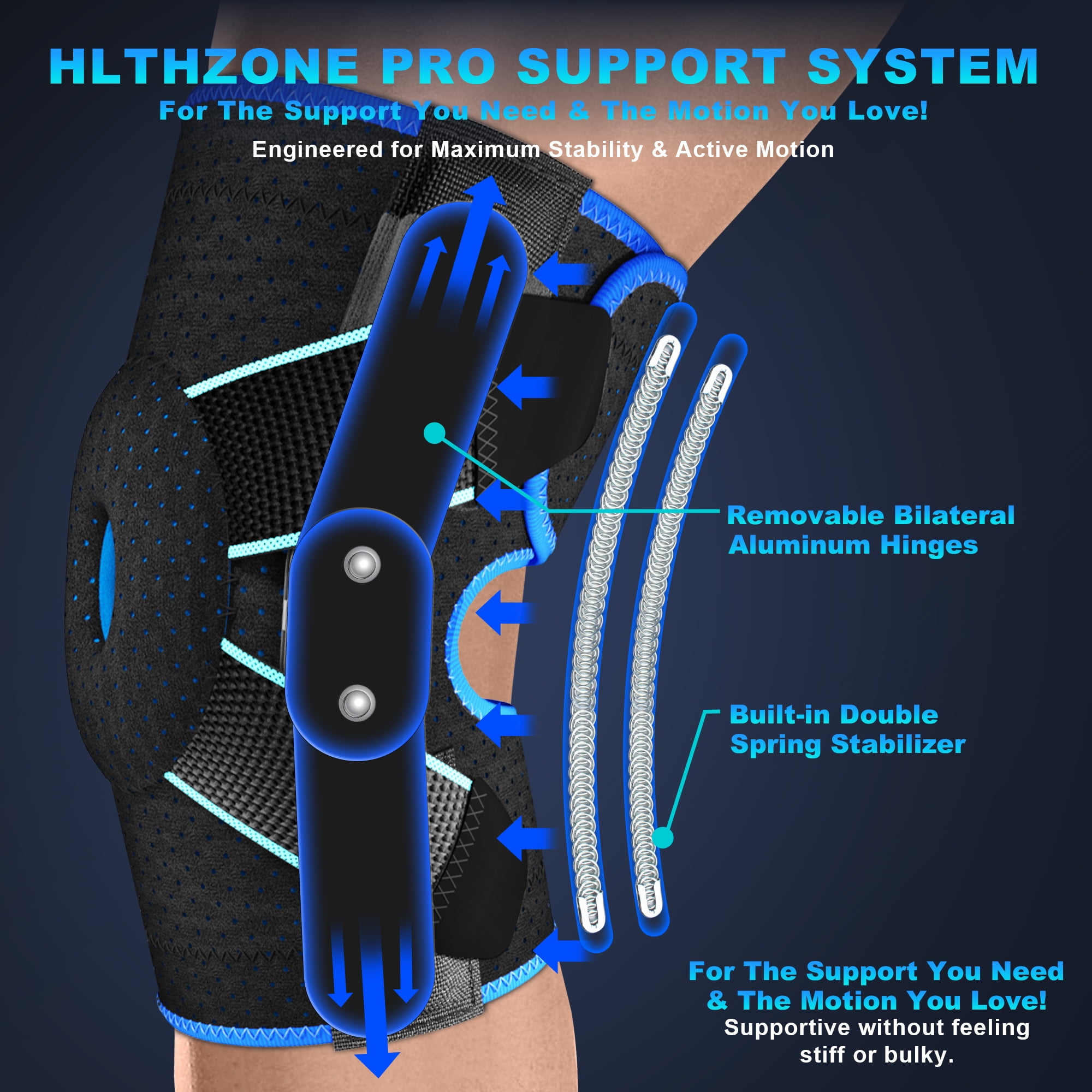 HLTHZONE Hinged Knee Brace with Side Stabilizers for Knee Pain – Adjustable Knee Support for Meniscus Tear, Arthritis & ACL, Fits 12"–23", Black/Blue