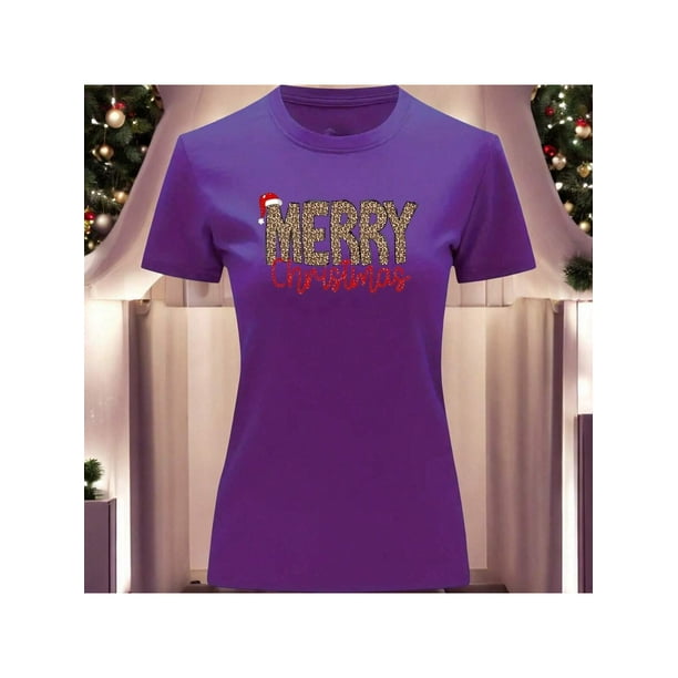 Playera Blusa Con Estampado Merry Christmas Estilo Animal Print Ropa Para Mujer Color Morado Talla Chica Marca Emil SaEs