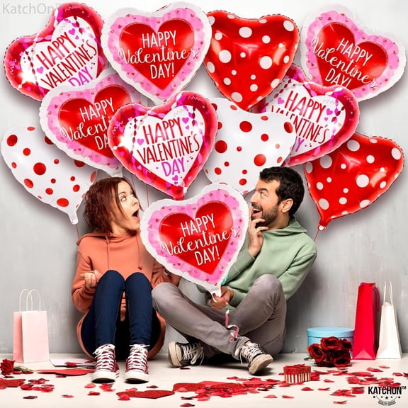 KatchOn, Happy Valentine's Day Balloons Set - 12 Pack, Red, White & Pink Heart Shaped Foil Balloons, 18 Inch, Valentines Day Decorations