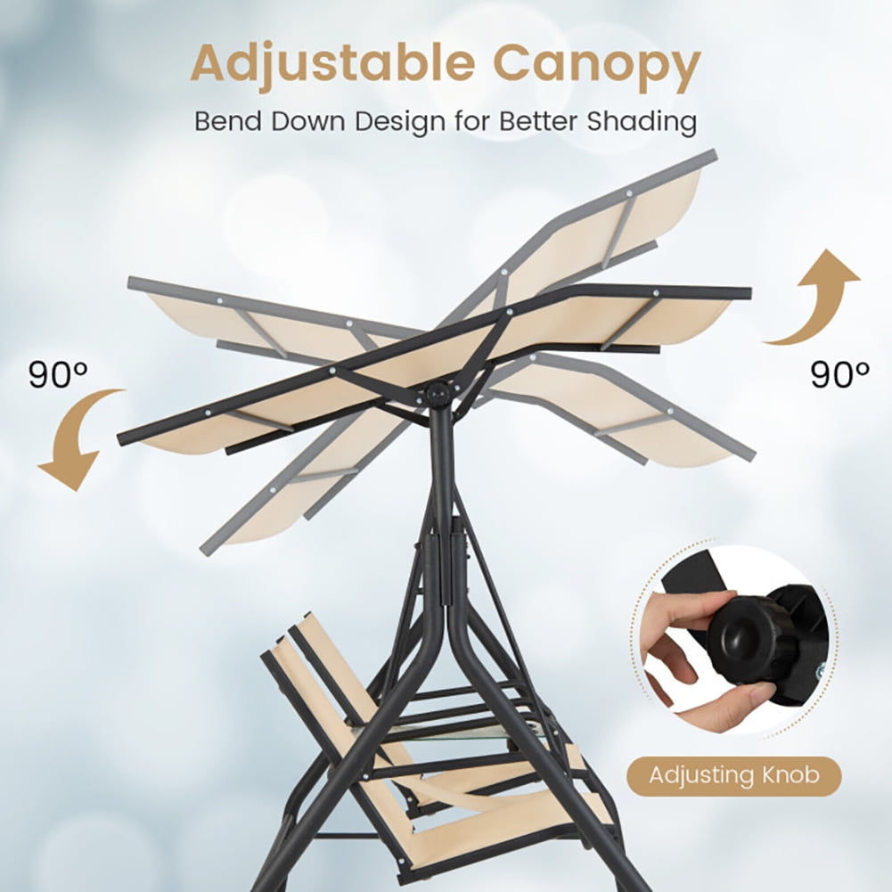 Aimee Lii 2-Seat Outdoor Cushioned Porch Swing with Adjustable Canopy and Tempered Glass Table, Swing Chair Outdoor, Beige