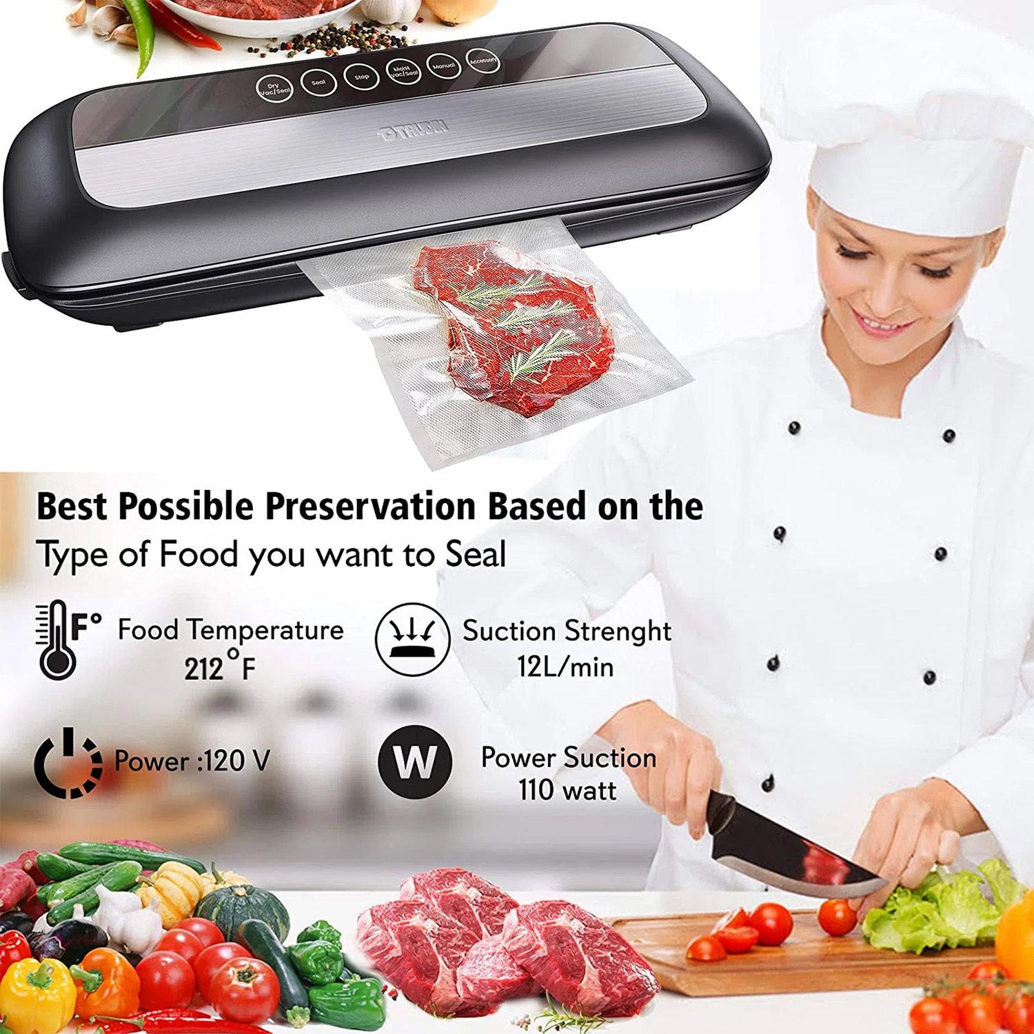 Involly 6 in 1 Vacuum Sealer Machine, 65Kpa Automatic Food Saver with 6  Modes for Food Preservation, Food Sealer Machine with External Vacuum  System, Including Cutter Starter Kit Roll and Holder 